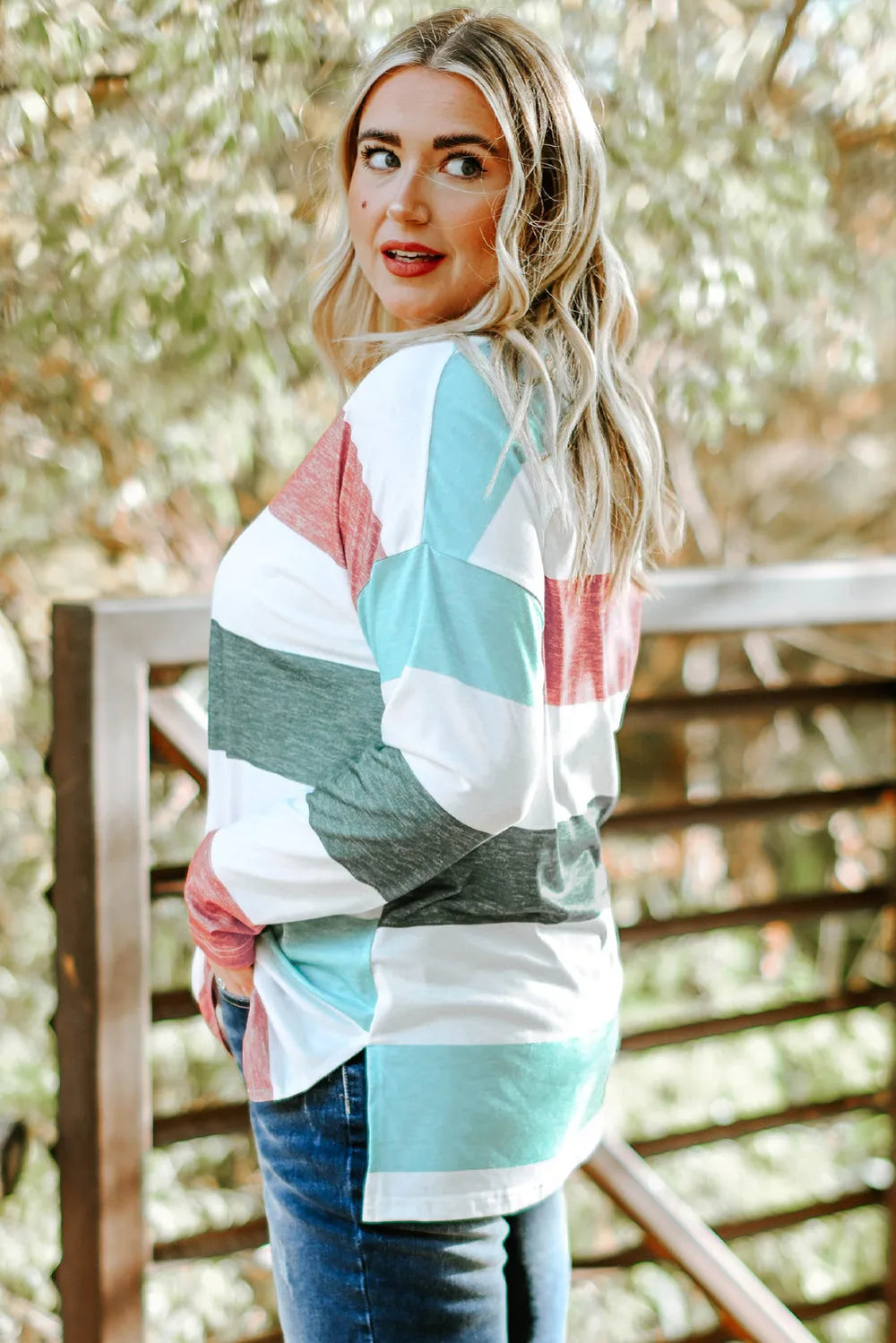 Green, Aqua, Red Stripe Long Sleeve  Top