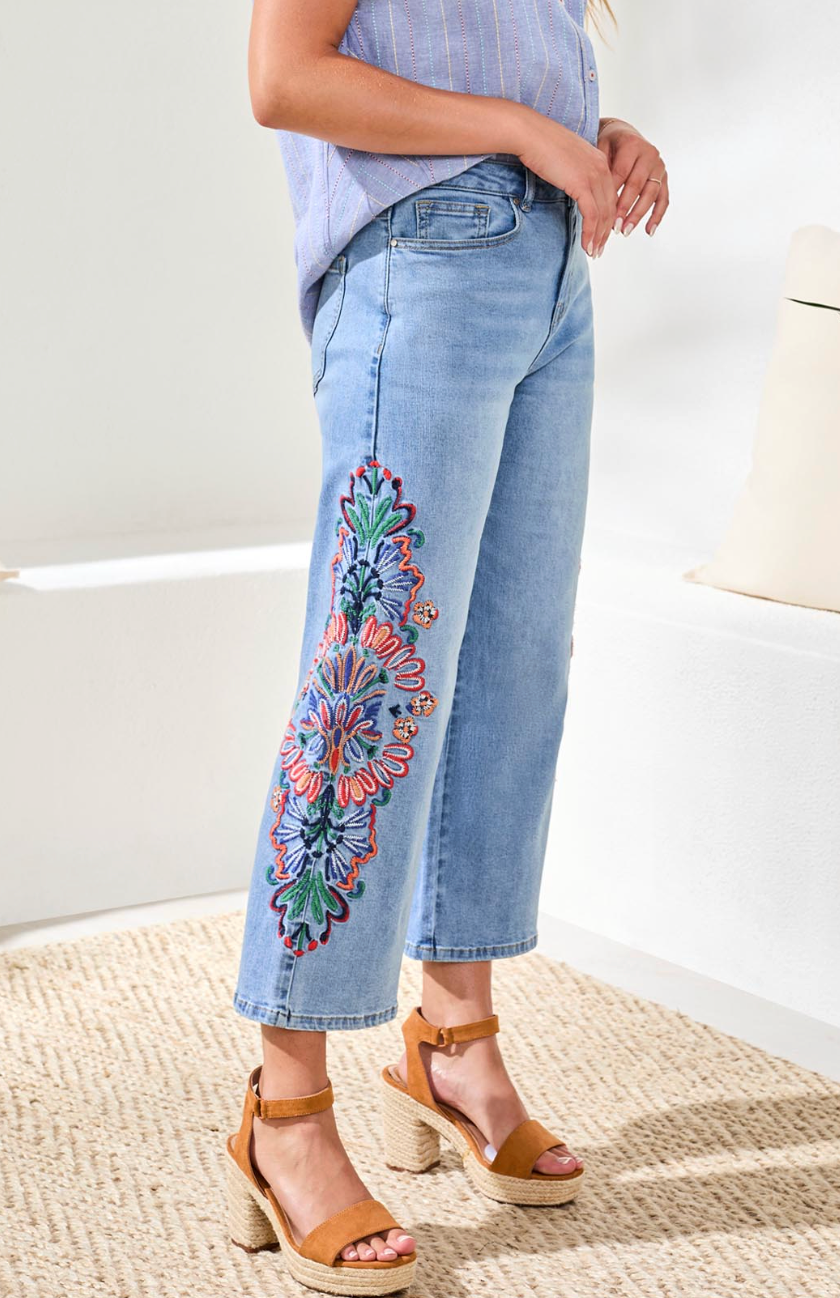 Audrey Wide Crop Jeans with Embroidery by Tribal