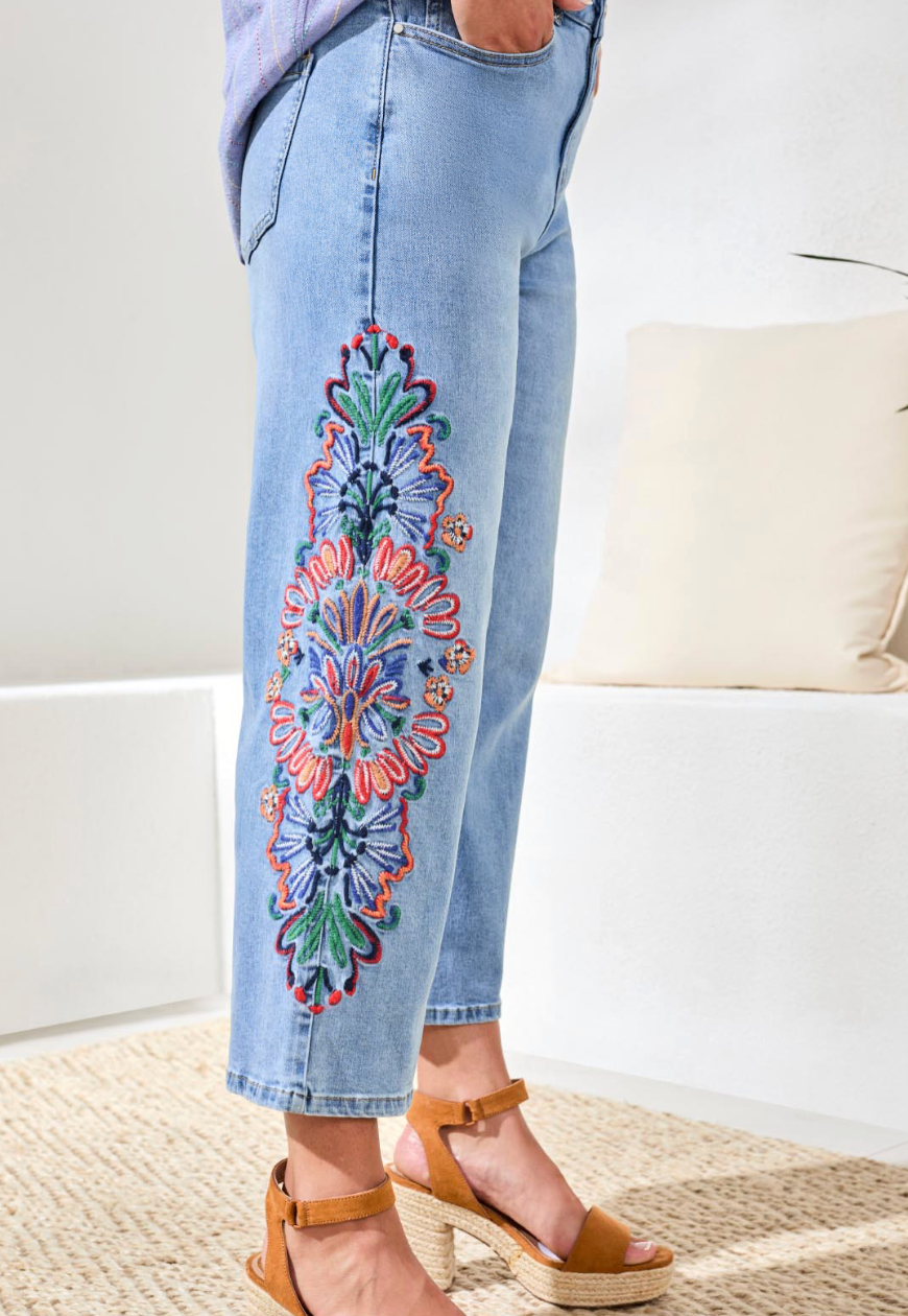 Audrey Wide Crop Jeans with Embroidery by Tribal