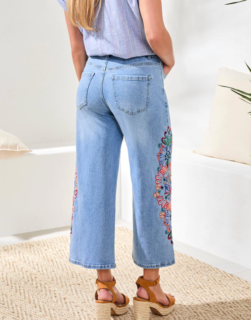 Audrey Wide Crop Jeans with Embroidery by Tribal