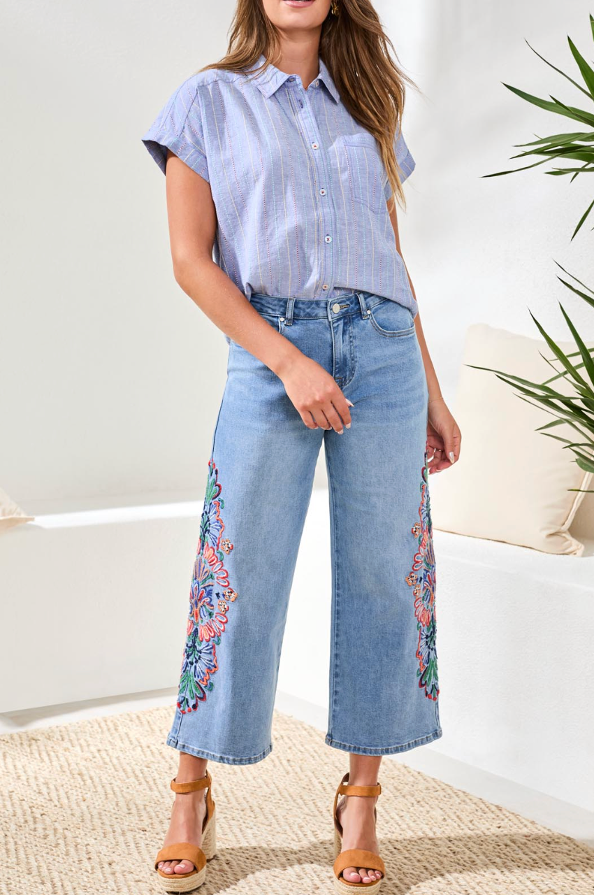 Audrey Wide Crop Jeans with Embroidery by Tribal