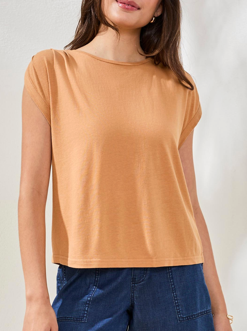 Boat Neck Cap Sleeve Top With Pleats Sahara Beige by Tribal