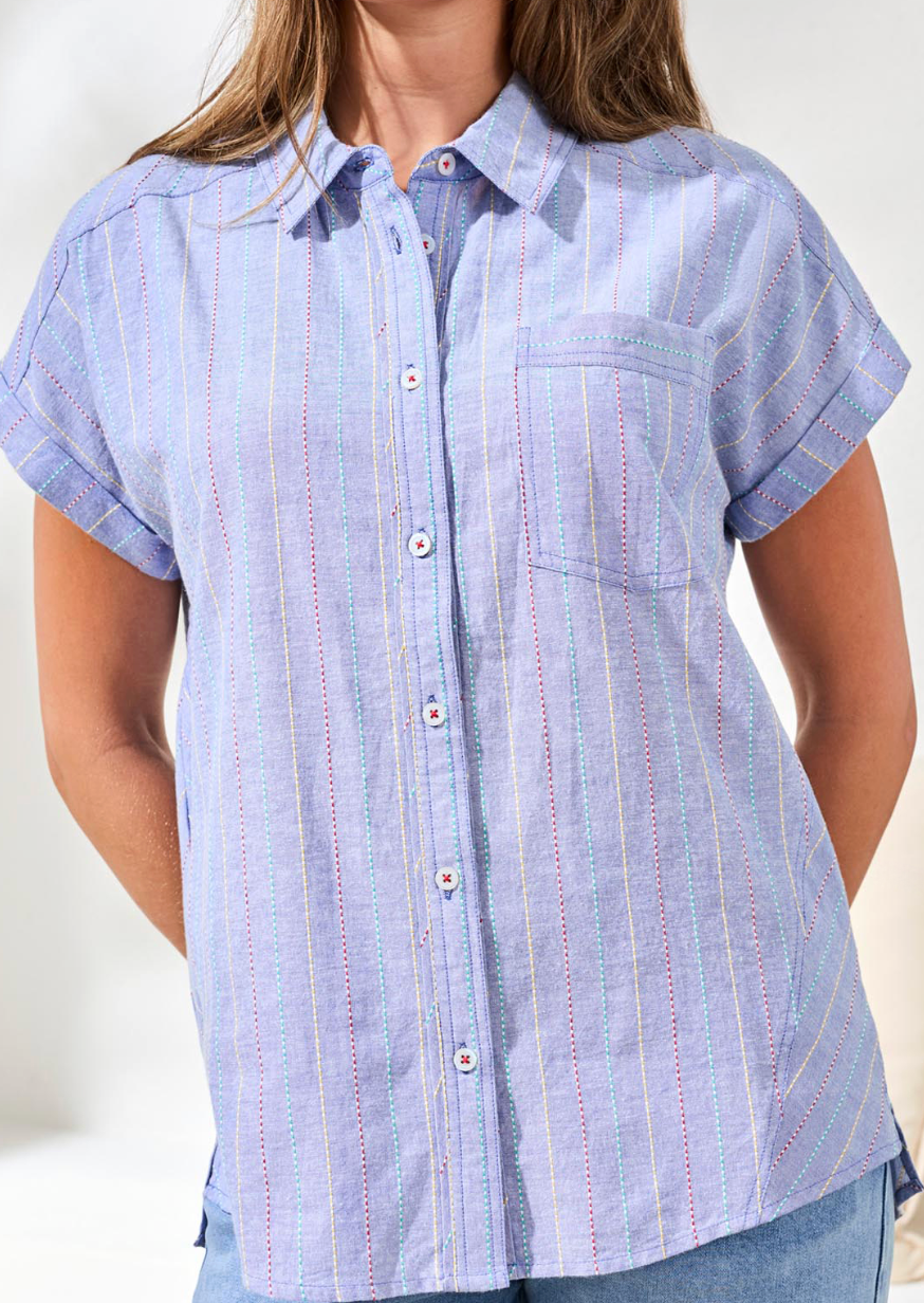 Cap Sleeve Shirt with Cuts in Blue by Tribal