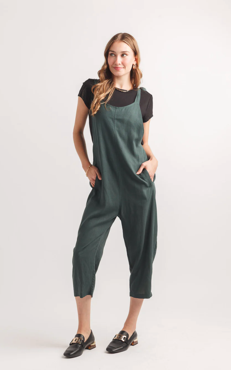 Cotton Blend Green Jumpsuit with Tie Straps