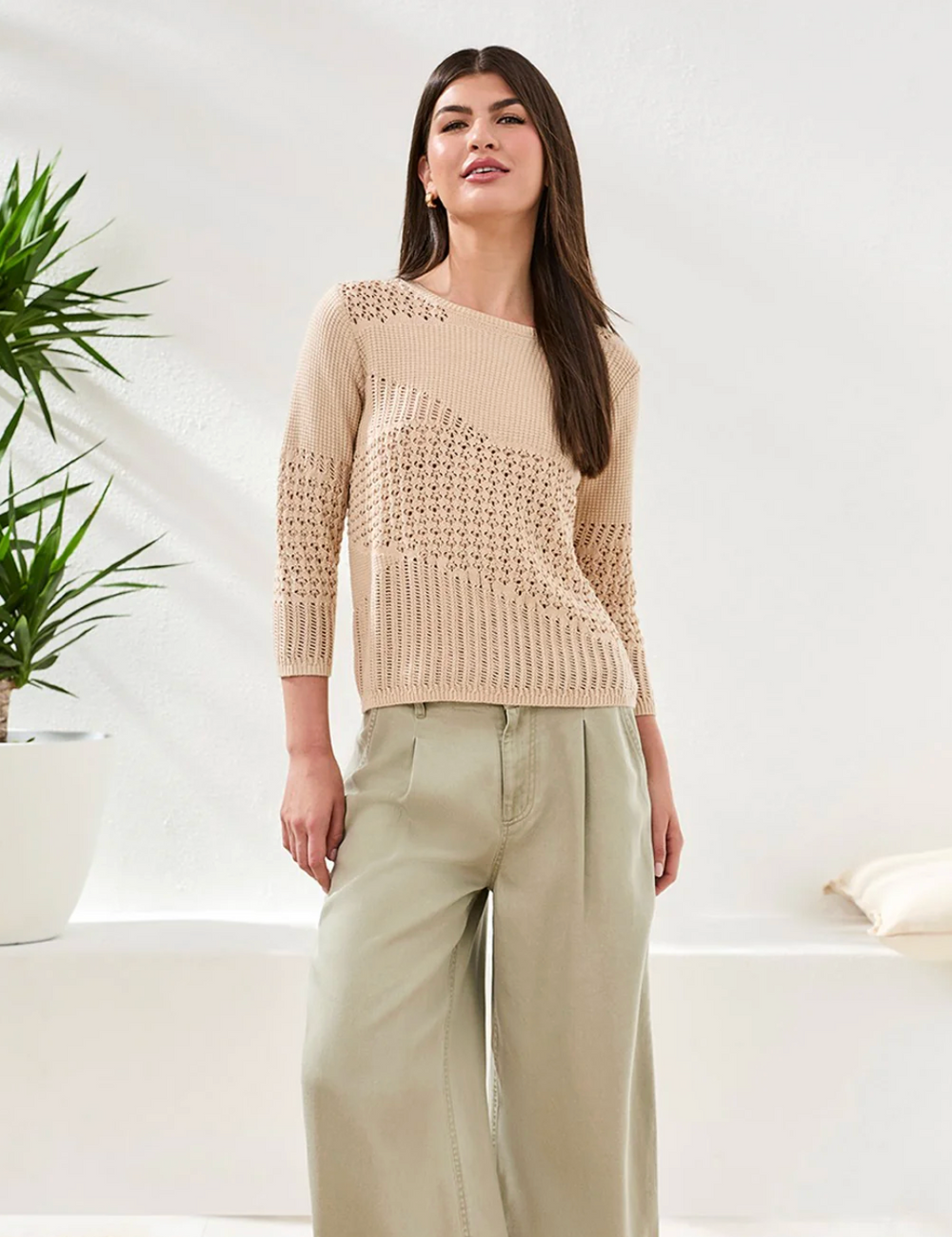 Crochet Knit 3/4 Sleeve Sweater by Tribal