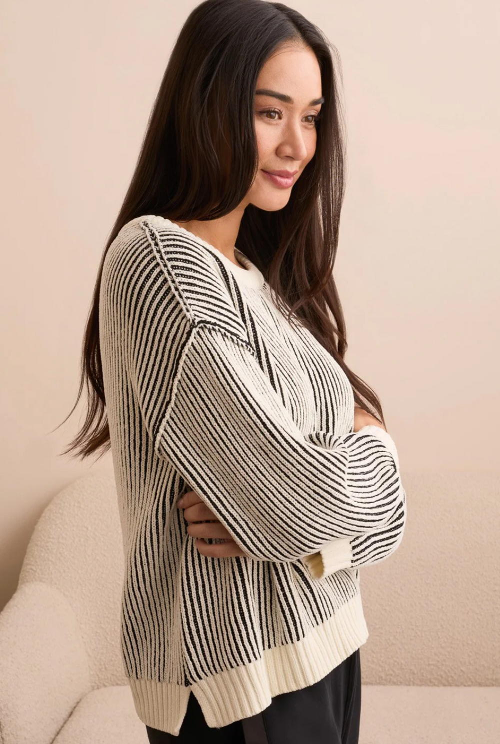 Crew Neck Sweater with Side Slit