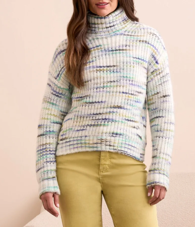 Cream Turtle Neck Sweater with Purple and Green by Tribal