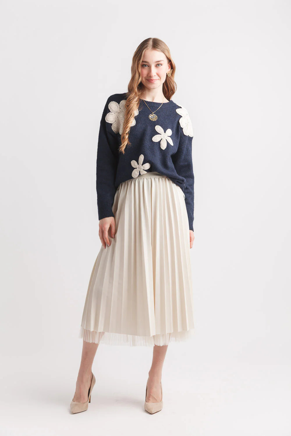 Cream Reversible Tiered Pleated Tulle Skirt with Pearls