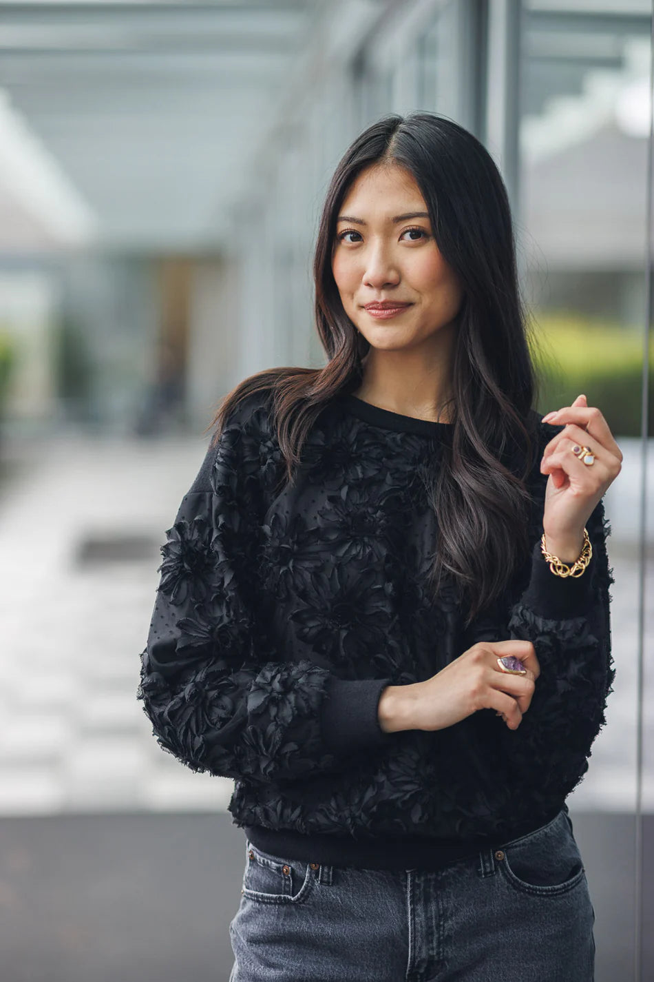 Black Floral Knit Sweater with Rib Trim