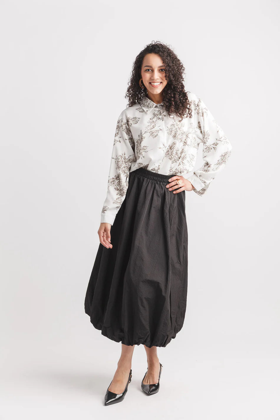 Black Bubble Hem Midi Skirt with Elastic Waist