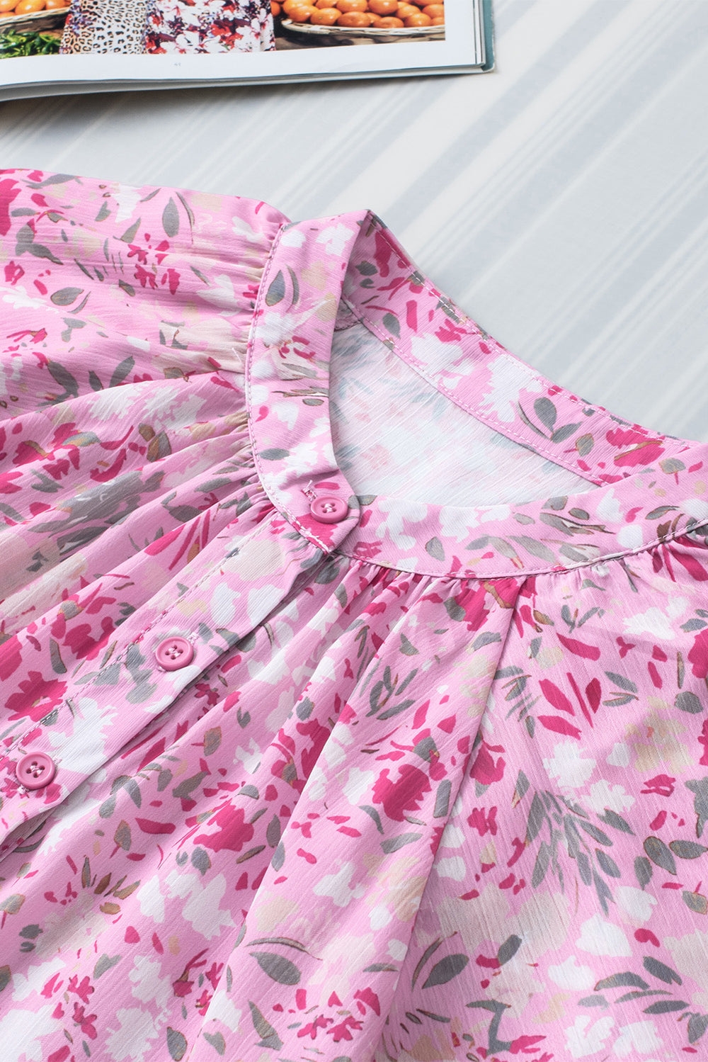 Pink Floral Print Mandarin Collar Top