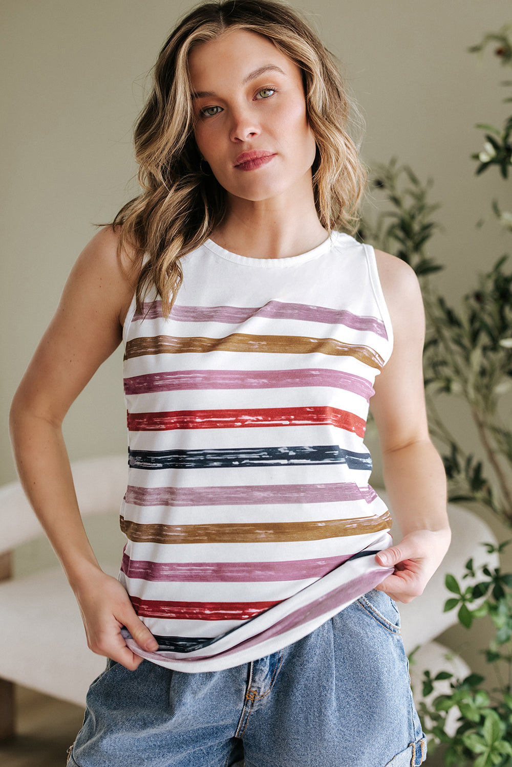 Red Stripe Round Neck Tank Top