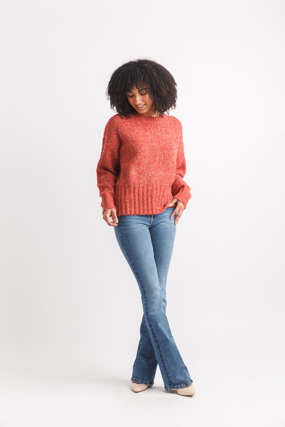 Rusty Red Knit Sweater With Rib Trim