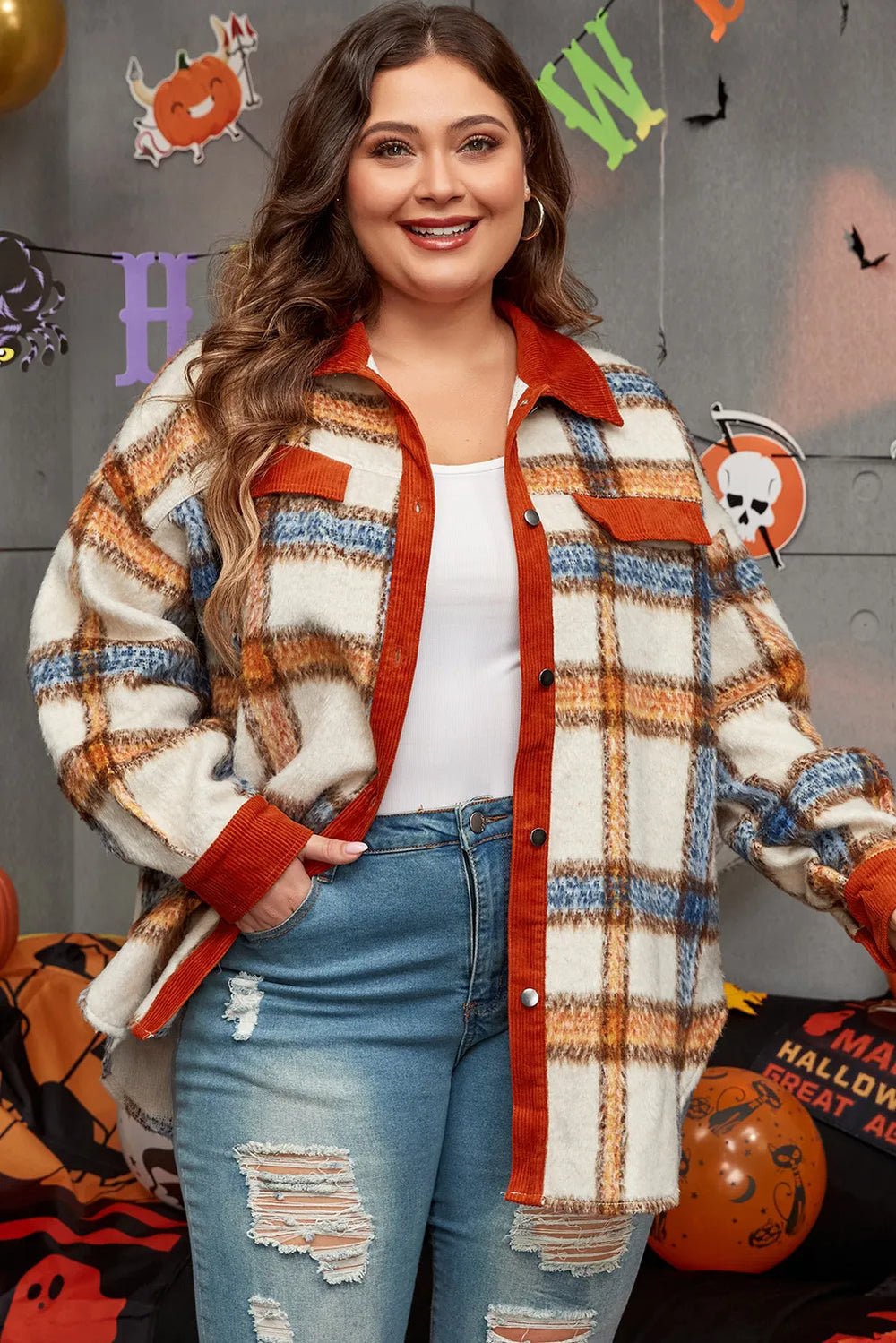 Plus Size Plaid Collared Buttoned Shacket
