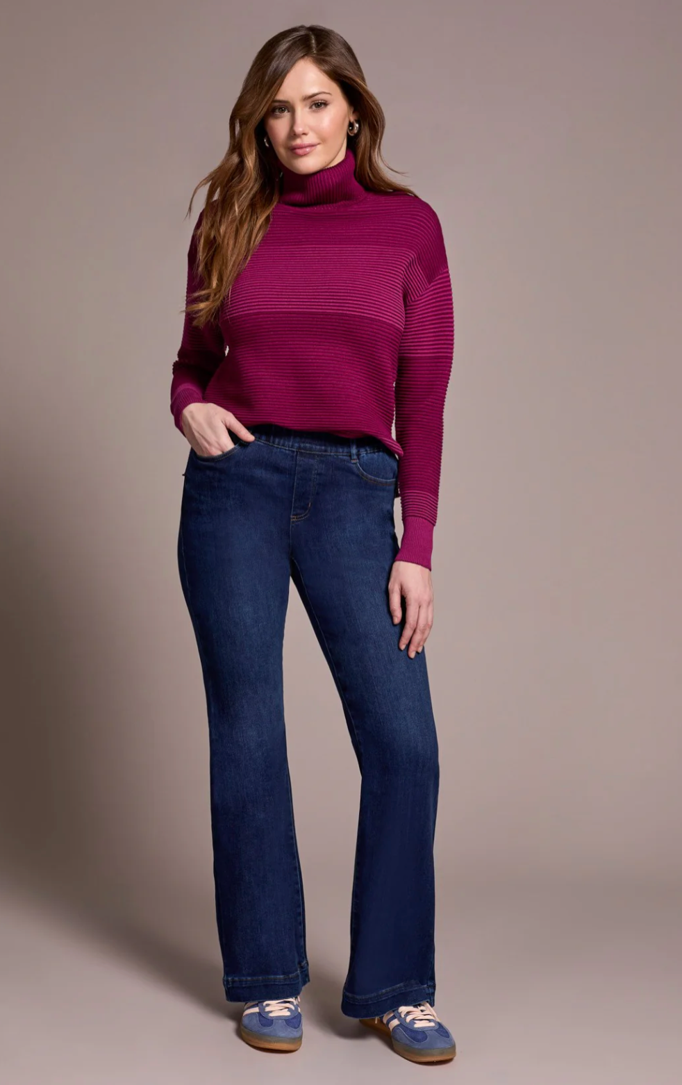Audrey Pull On Flare Jeans, in Blue or Black, by Tribal