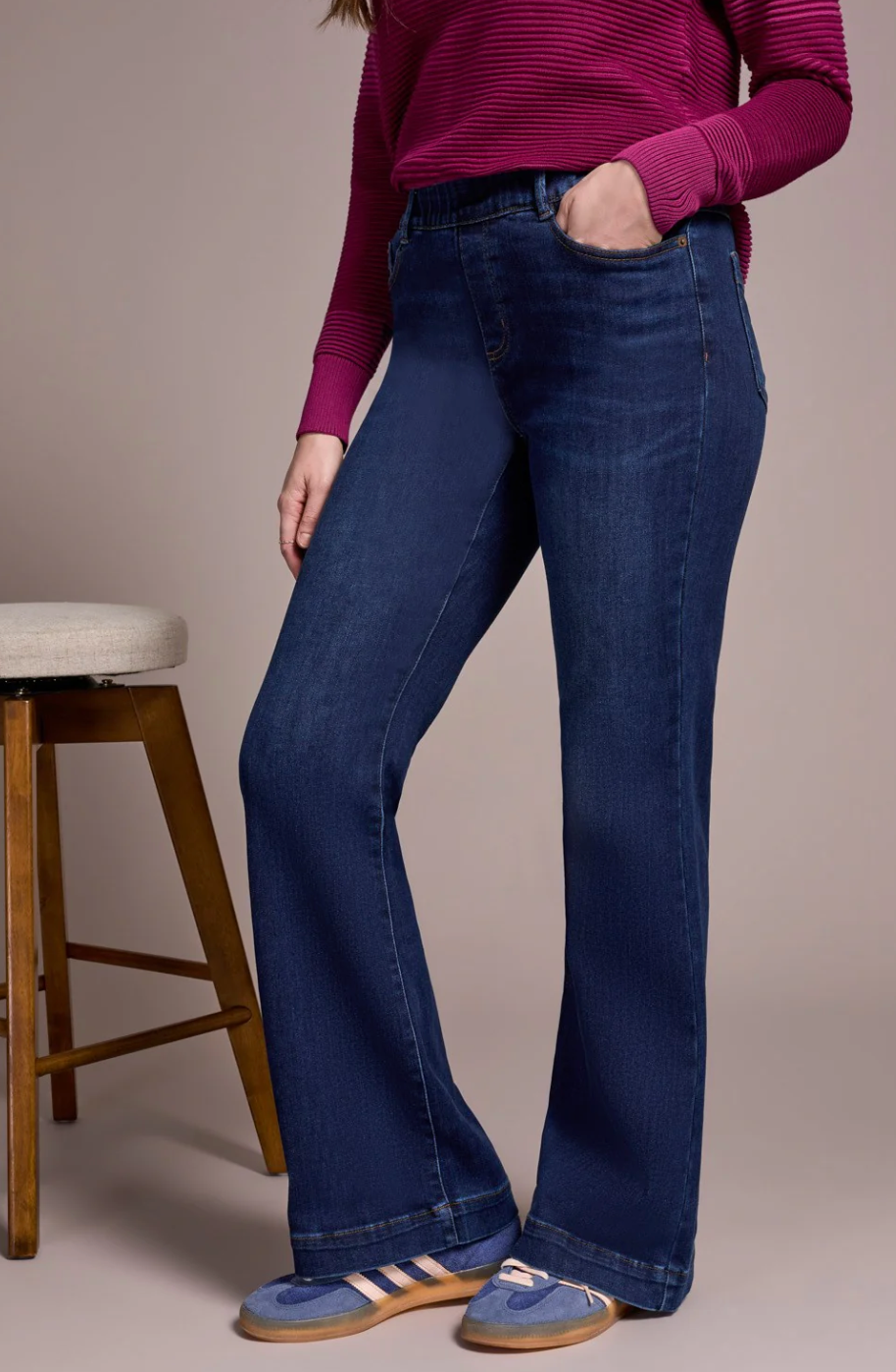 Audrey Pull On Flare Jeans, in Blue or Black, by Tribal