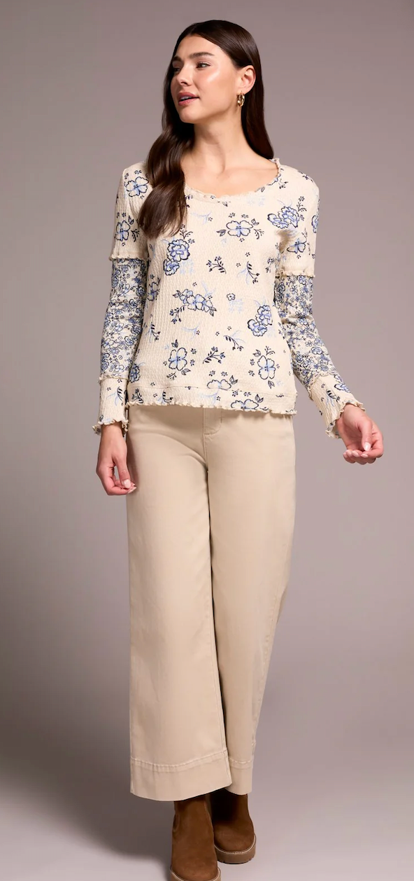 Blue Floral Pattern Top with Frill Detail by Tribal
