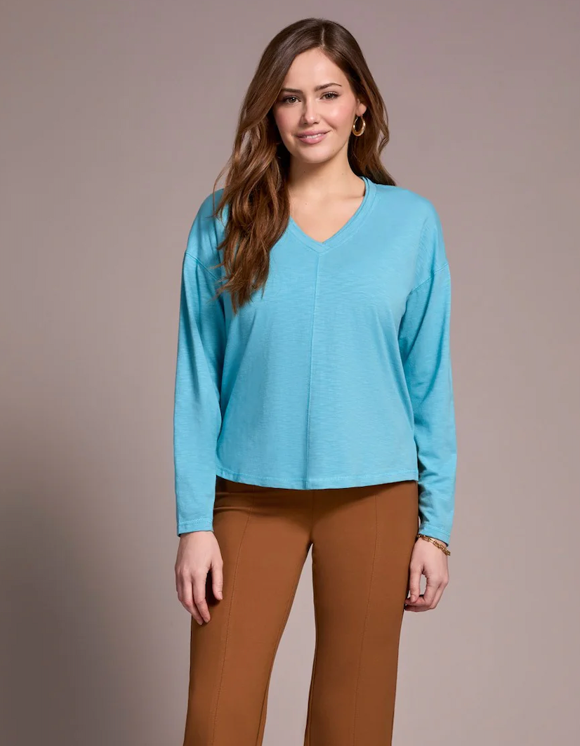 Long Sleeve V-Neck Top in Mist Blue by Tribal