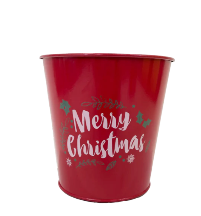 Christmas Tin Planter Red