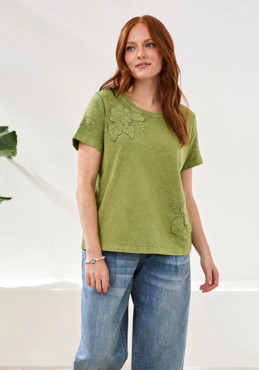 Kiwi Green Embroidered Applique Short Sleeve Shirt by Tribal