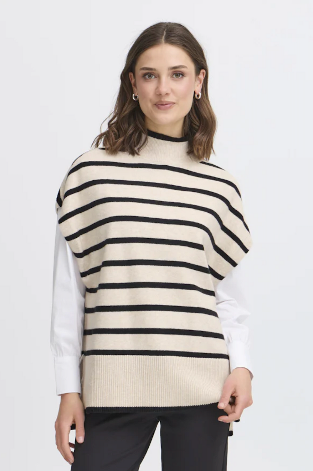 Cream and Black Stripe Mock Neck Bitte by Fransa