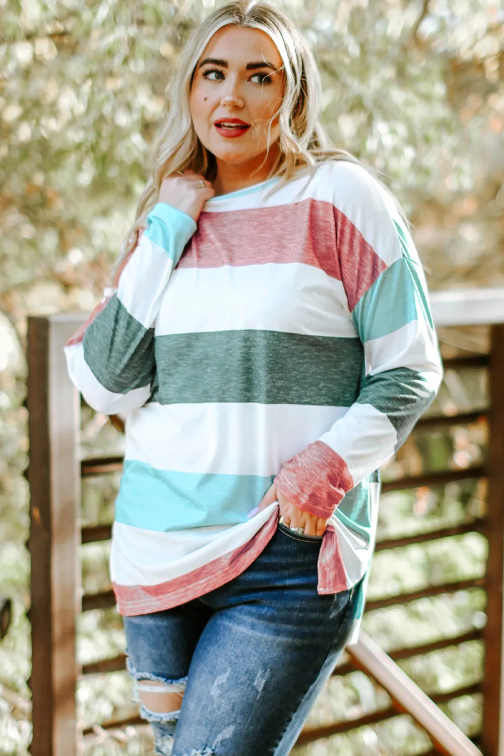 Green, Aqua, Red Stripe Long Sleeve  Top