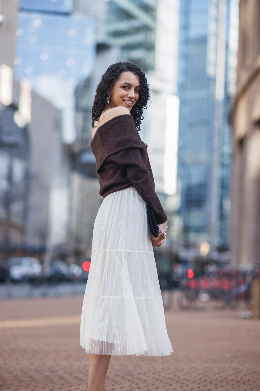 Cream Reversible Tiered Pleated Tulle Skirt with Pearls