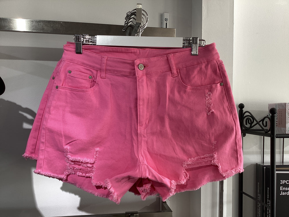 Pink Distressed Denim Shorts
