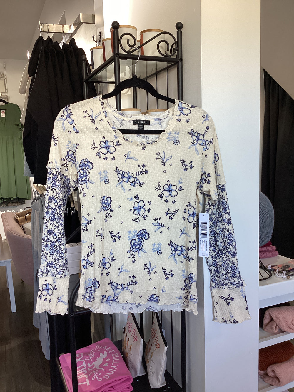 Blue Floral Pattern Top with Frill Detail by Tribal