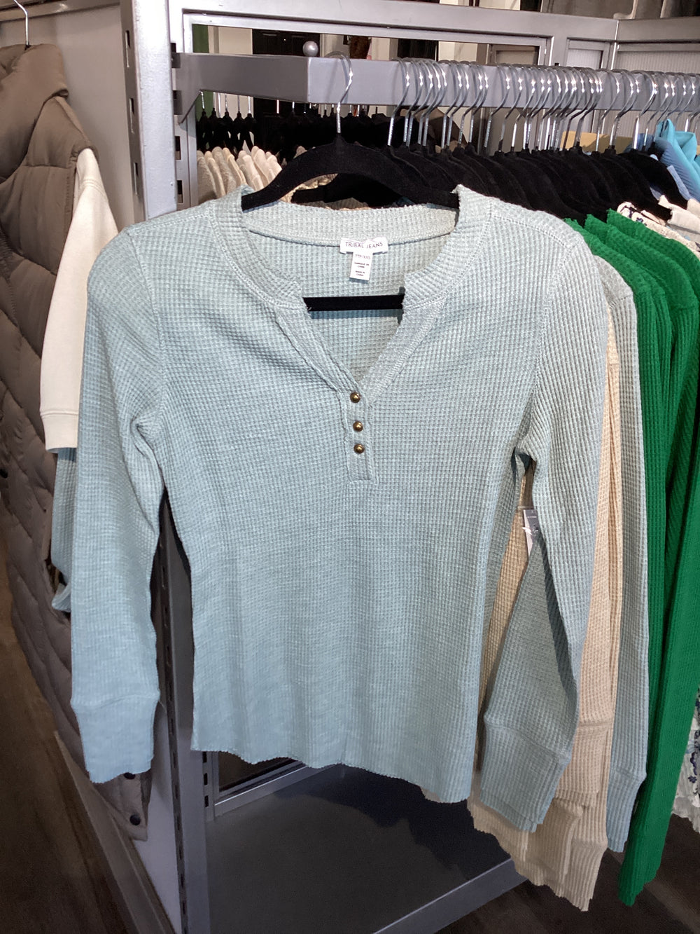 Waffle Henley Top, in Beige, Blue, or Green, by Tribal