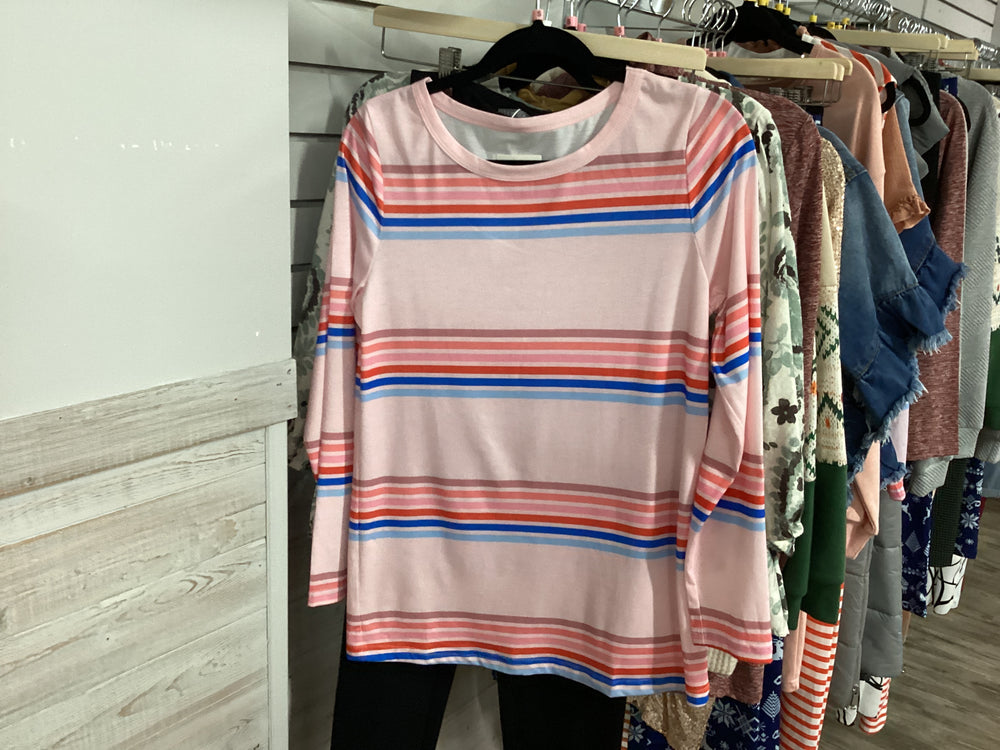 Pink with blue rainbow stripes long sleeve tshirt