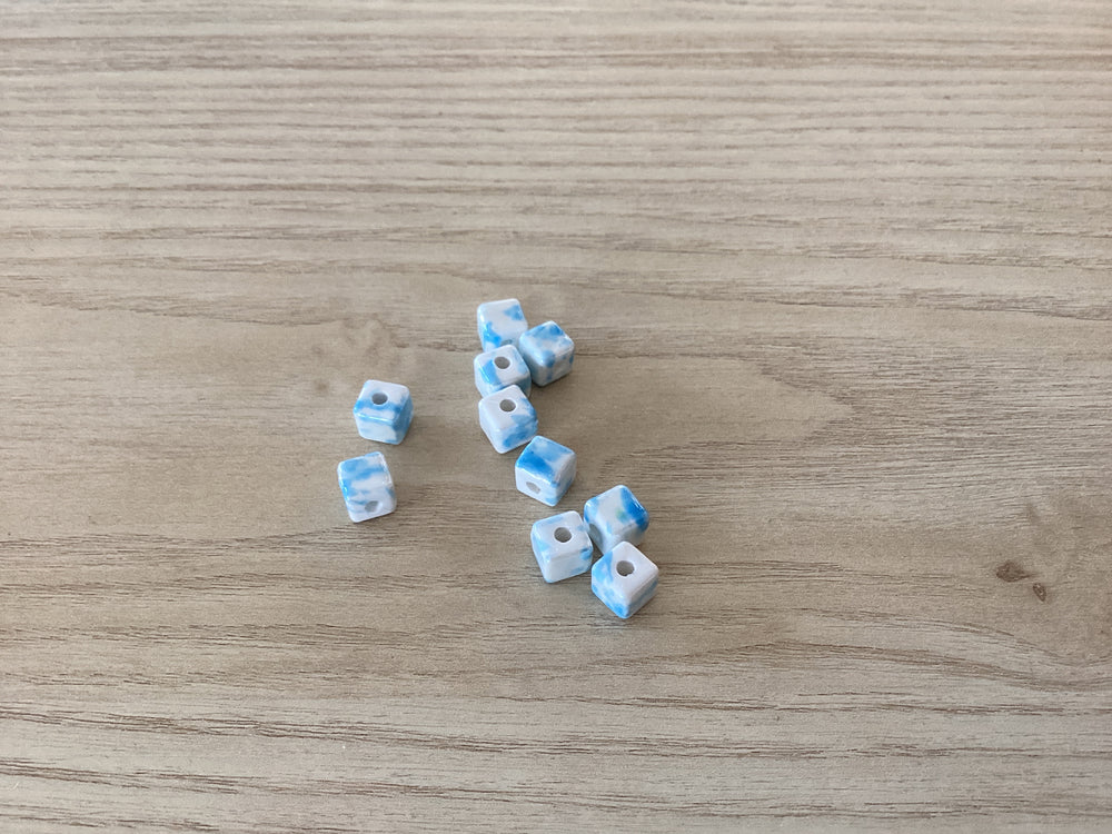 Set of 10 White & Blue Cube Beads