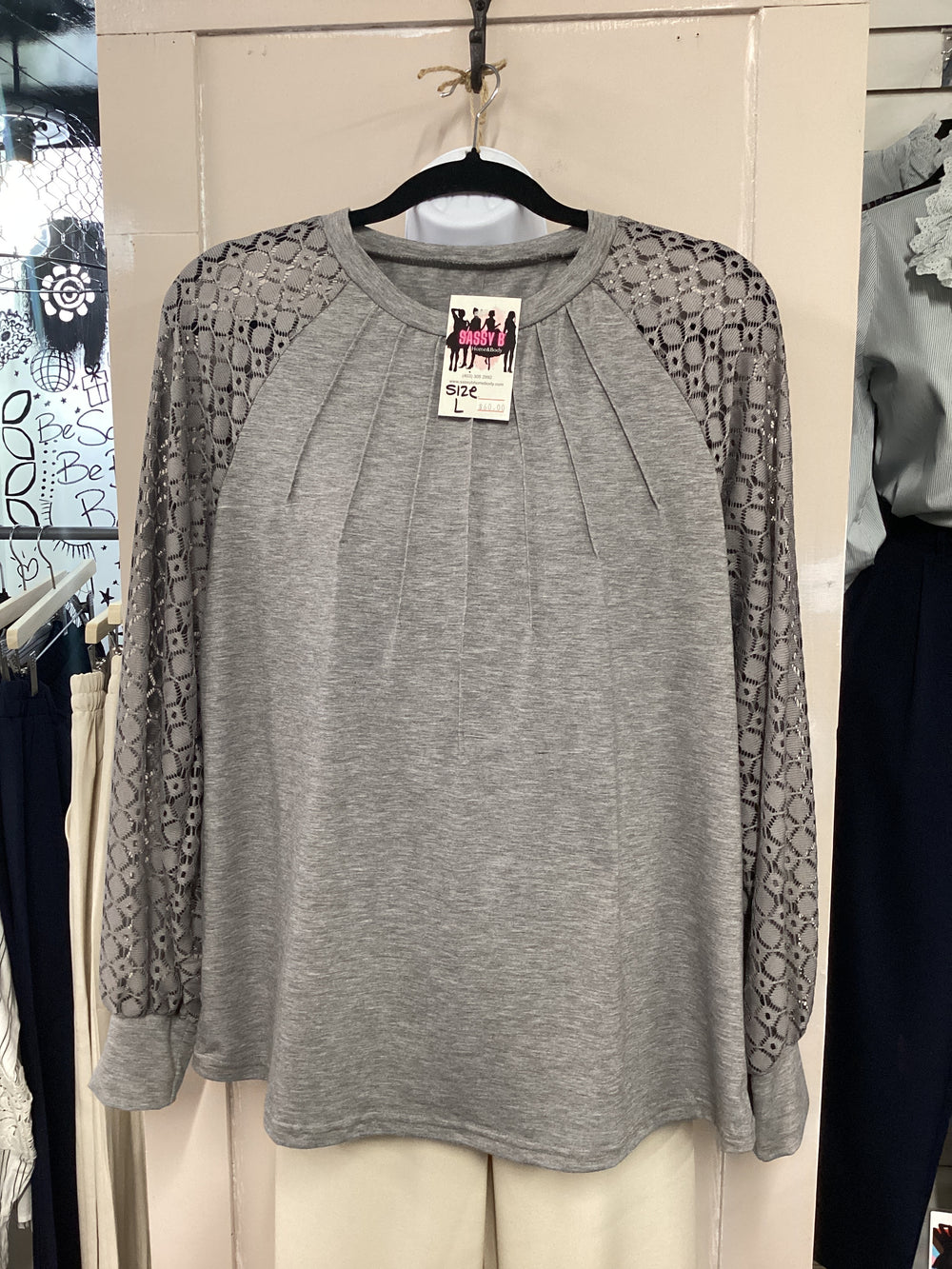 Grey Raglan Lace Sleeve Top
