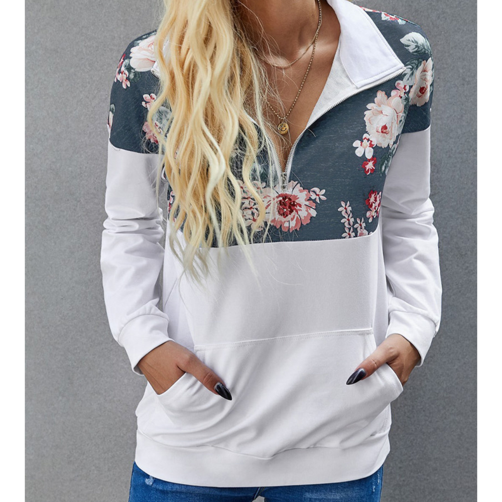 SALE White/Teal Floral Half Zip Mock Neck Sweater 00126