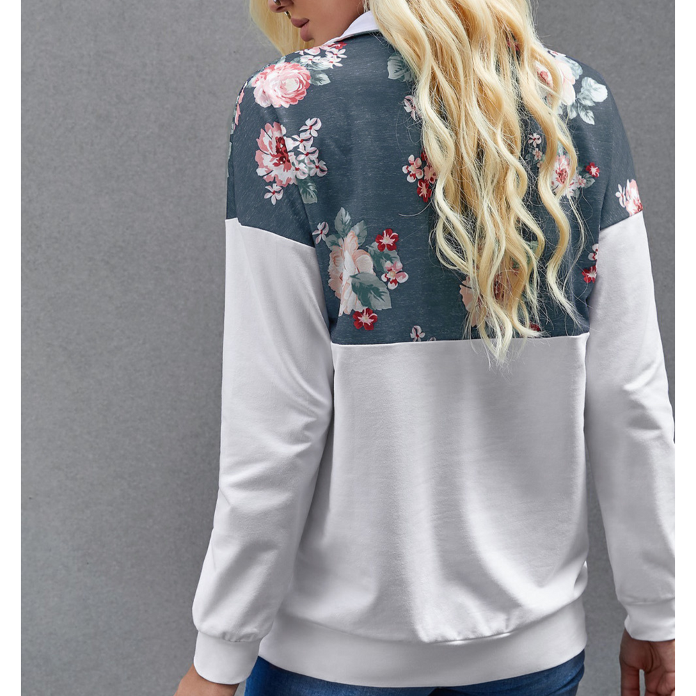 SALE White/Teal Floral Half Zip Mock Neck Sweater 00126