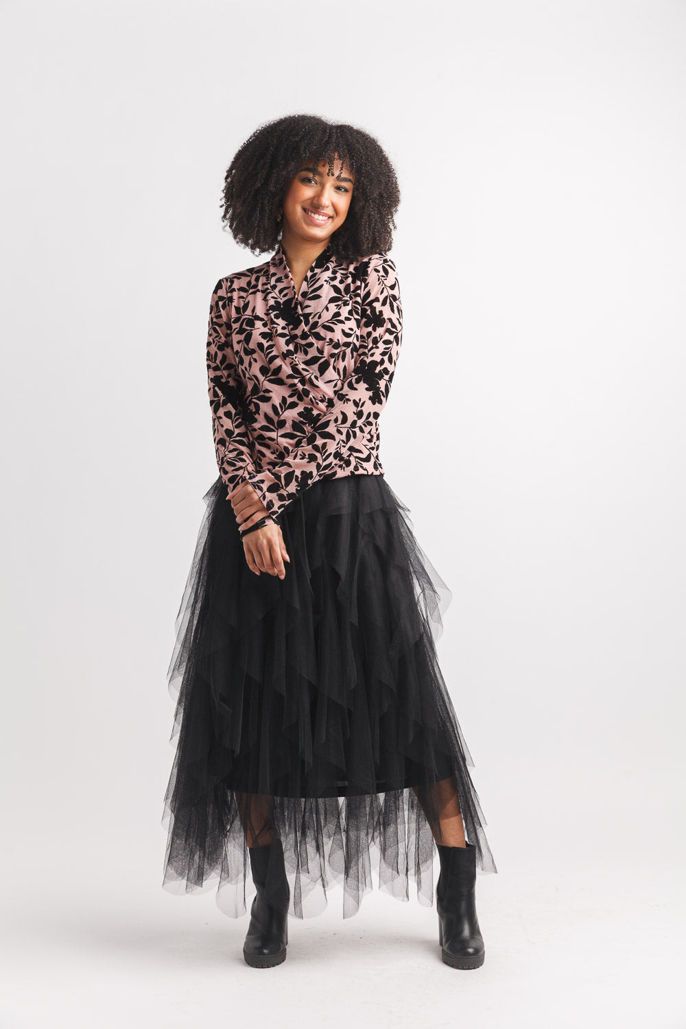 Velvet Pink and Black Stretch Wrap Top