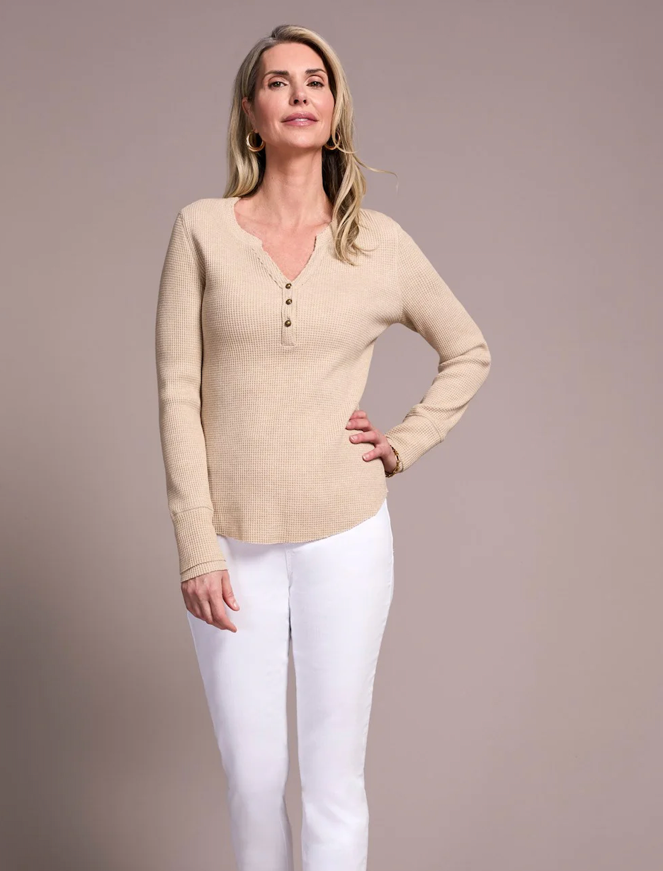 Waffle Henley Top, in Beige, Blue, or Green, by Tribal