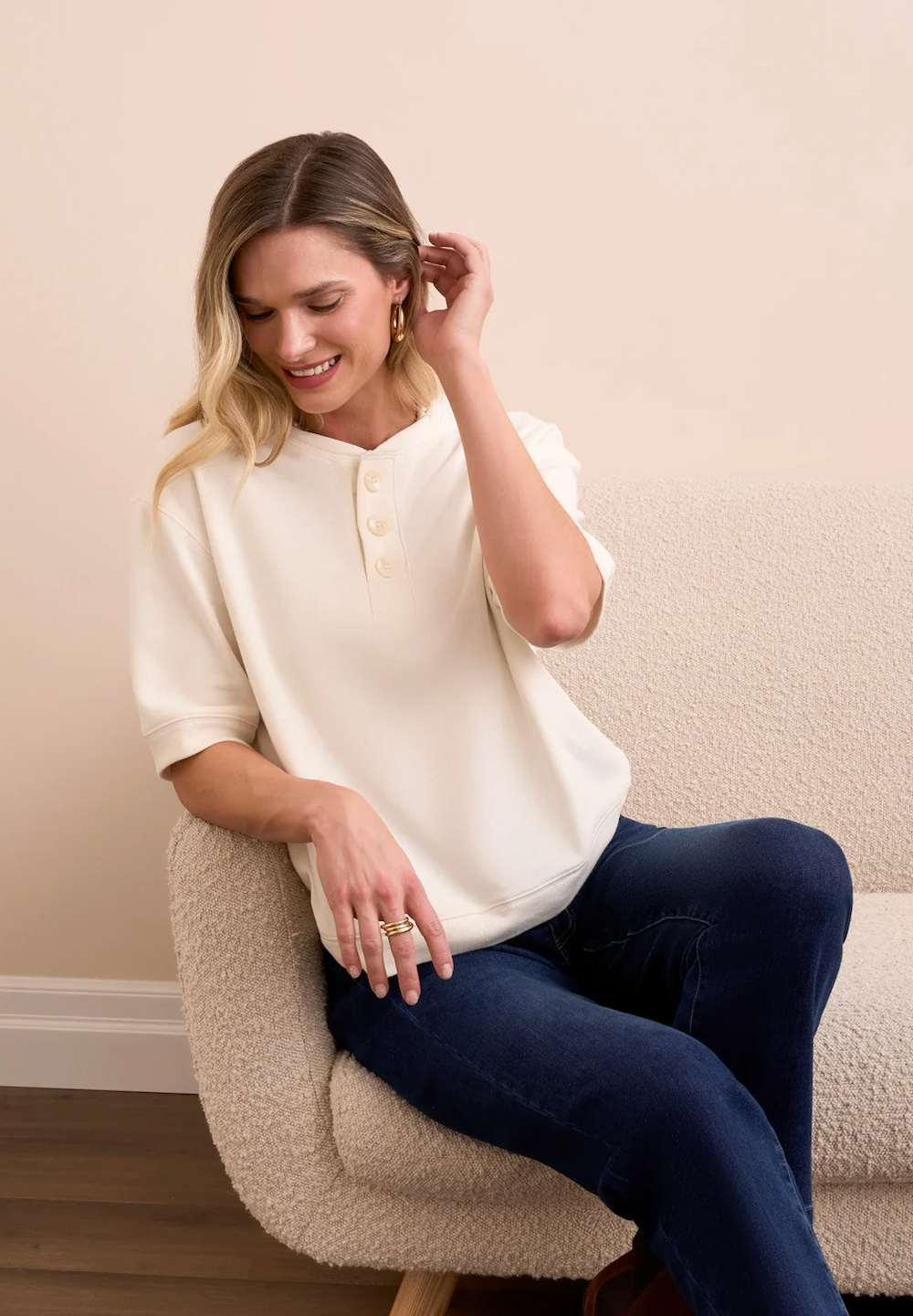 Short Sleeve Crew Neck Top with Buttons in Cream by Tribal