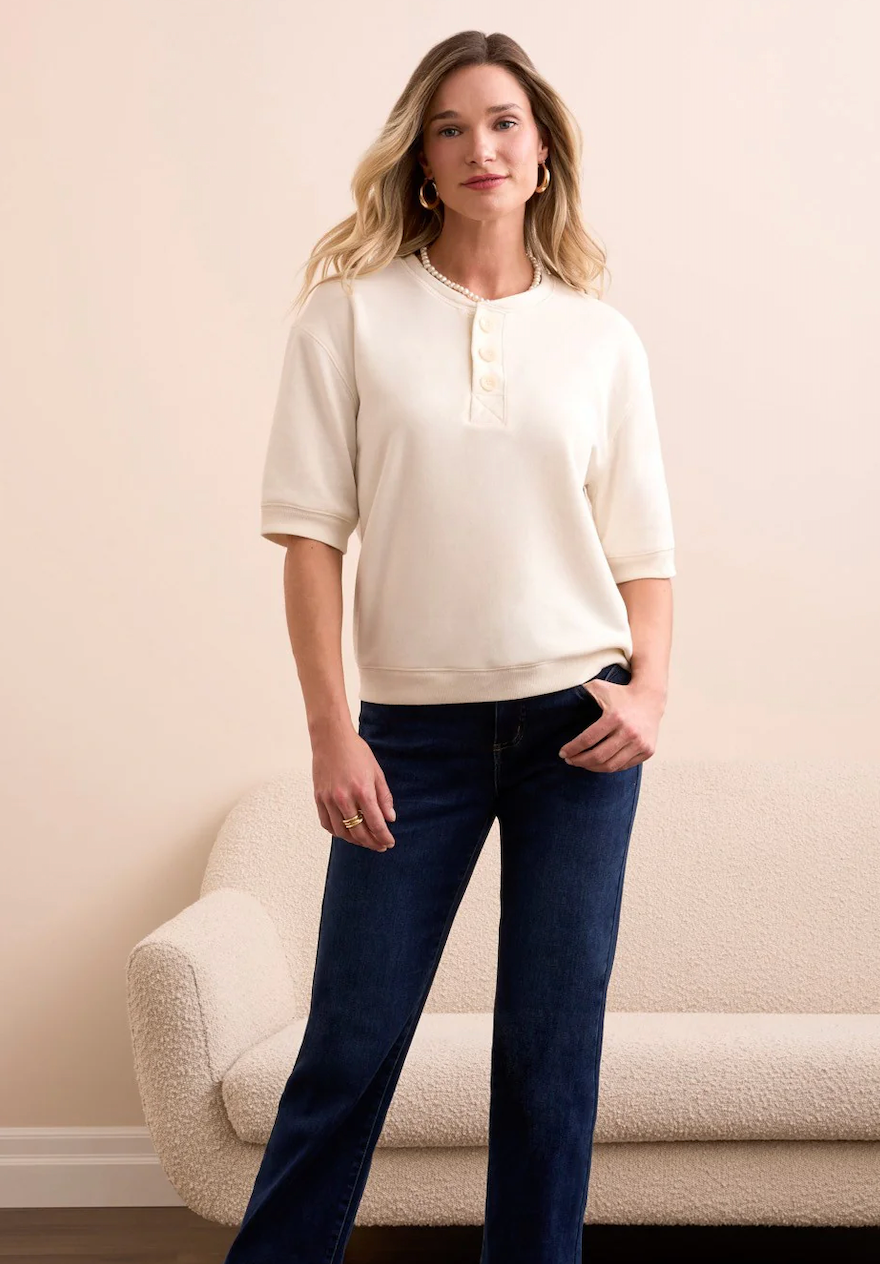 Short Sleeve Crew Neck Top with Buttons in Cream by Tribal